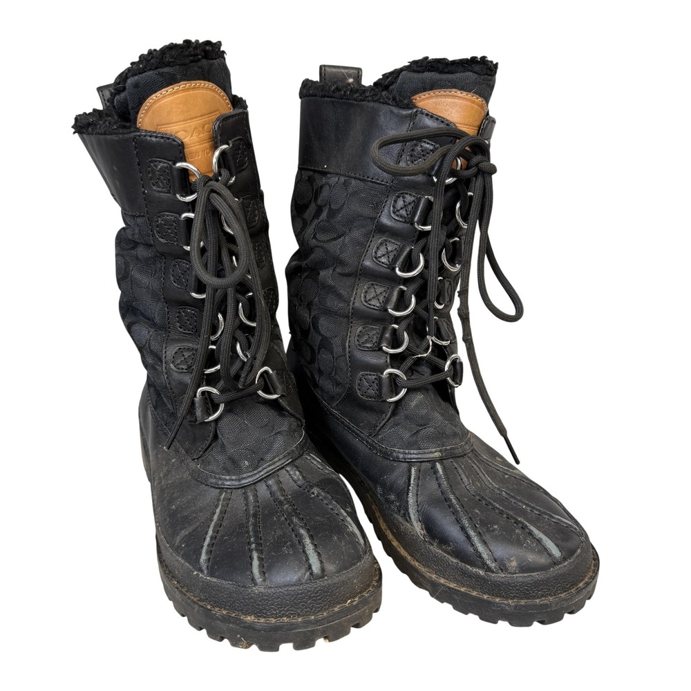 Coach Laura Snow Boots Womens Size 7.5 Black‎ Faux Fur Lace Up Winter